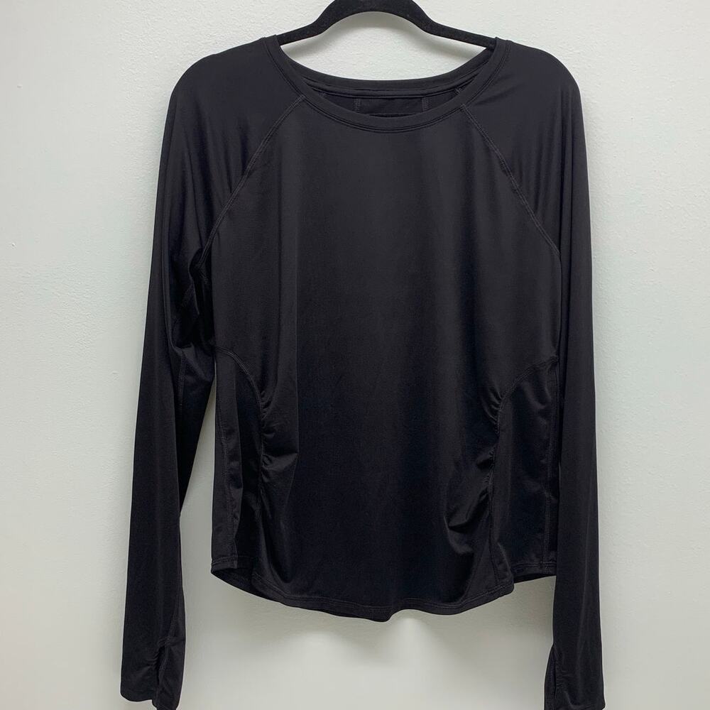 Tek Gear Womens Large Maternity Shirt Black Stretch Long Sleeve Thumb Holes Logo